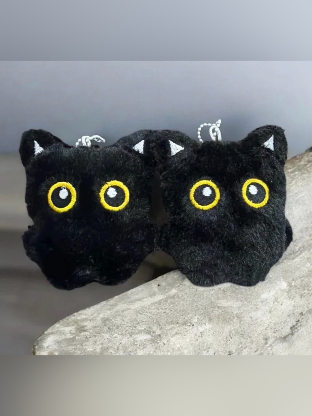 2 Pieces Black Cat Plush Keychain Pair with Yellow Eyes